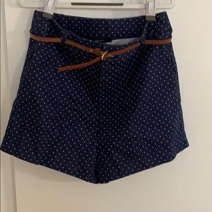 F21 polka dot navy shorts with brown belt